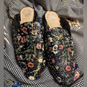 Vince Camuto Black Floral Studded Mules